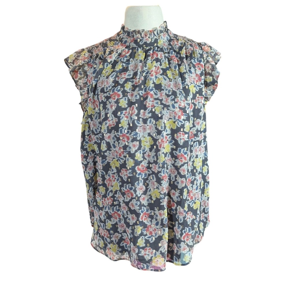 LOFT Floral Ruffle Neck Blouse Womens Medium NWT Sheer Flutter Sleeve Career Top